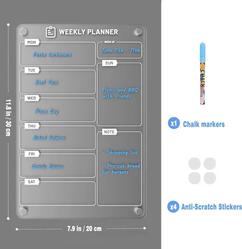 Vista 7 de Planificador Magnético de Comidas para Refrigerador de Cocina Tablero Transparente de Calendario Semanal de Menú Lista de Quehaceres, Lista