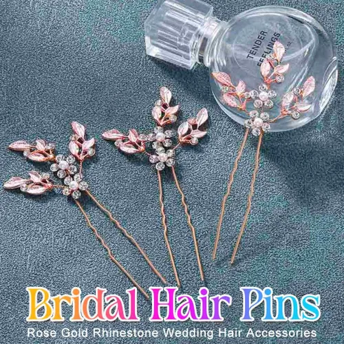 Vista 2 de Heread Leaf Bride - Horquillas para el pelo de boda de cristal, accesorios para el cabello de perlas para mujeres y niñas (paquete de 3) (oro rosa)