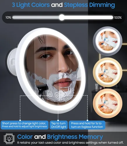 Vista 6 de Gospire Espejo de ducha con 3 aumentos, sin niebla para afeitarse, batería de 5000 mAh, giro de 360° y diseño magnético, espejo de afeitado de ducha