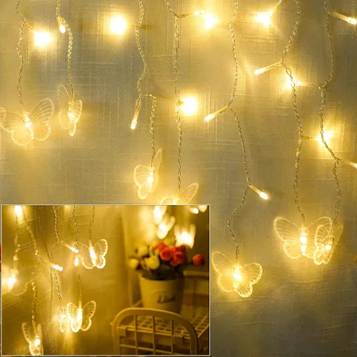 Vista 6 de Cortina de luces de mariposa de 20 pies, 120 luces LED para ventana, luces de hadas USB, 24 mariposas, 8 modos con control remoto para habitación