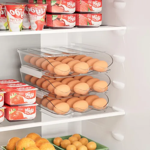 Vista 7 de Soporte para huevos para nevera, organizador automático de huevos con ruedas para refrigerador, contenedor apilable transparente para almacenamiento