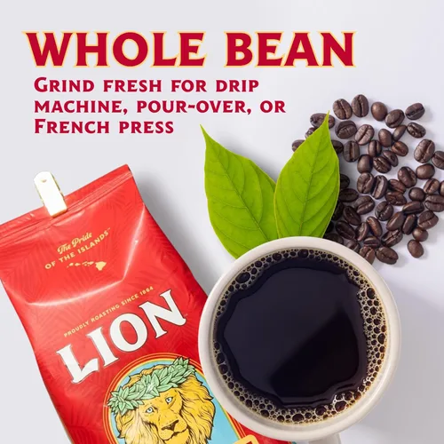Vista 3 de Lion Coffee, Premium Gold Roast, mezcla de café 10% Kona, grano entero, bolsa de 24 onzas