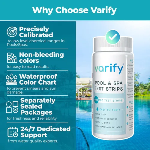 Vista 4 de Varify Tiras de prueba 7 en 1 para piscina y spa, kit de prueba de agua fácil de usar para piscina, spa, bañera de hidromasaje y más, tira probadora