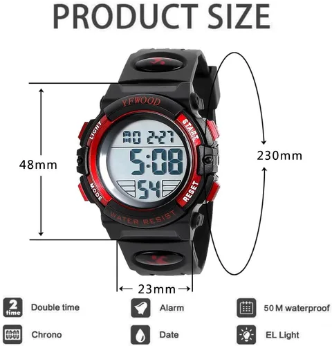 Vista 3 de YFWOOD Reloj digital para niños, impermeable, para exteriores, analógico, analógico, de cuarzo, con correa de silicona, cronómetro y alarma luminosa