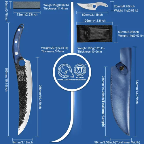 Vista 4 de XYJ FULL TANG Cuchillo de deshuesado de acero inoxidable de 10 pulgadas, cuchillos de pesca para chef, funda de cuero, cuchillos de cocina al aire