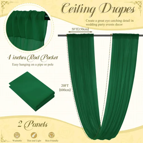 Vista 6 de Cortinas de techo verdes para cortinas de boda para techo, tela drapeada, 2 paneles de 5 x 20 pies, cortinas de tela para cortinas de arco de boda