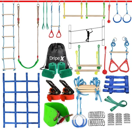 Dripex - Carrera de obstáculos ninja warrior de 50 pies para niño con accesorios completos, columpio, trapecio, escalera de cuerda, red de