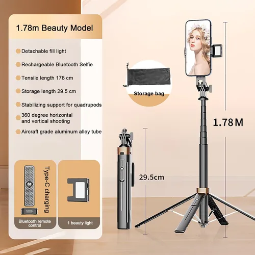 Vista 2 de XINBAOHONG Palo selfie, trípode extensible con control remoto Bluetooth para iPhone y Android, tamaño compacto y ligero