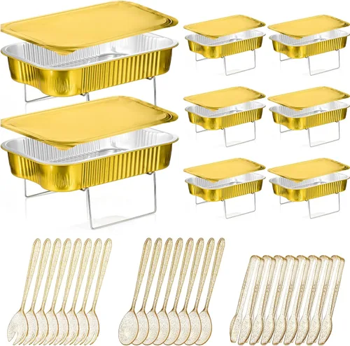 Vista 8 de Maxcheck 4 Juegos de Bandejas Calentadoras Desechables para Buffet, Juego de Chafing Dishes con Soportes de Alambre para Buffet, Kit de Soporte