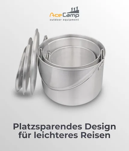 Vista 5 de AceCamp Juego de ollas de cocina ligeras de aluminio anidadas con tapa y mango plegable - 4L, 8L, 12L