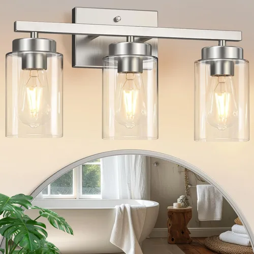 Vista 14 de IZORRO Moderna lámpara de baño, 3 luces doradas cepilladas, accesorios de iluminación de baño sobre espejo con vidrio transparente para sala