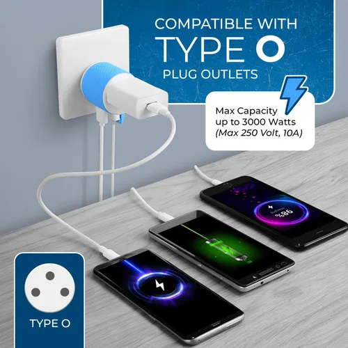 Vista 3 de OREI Adaptador de enchufe de viaje para Tailandia con USB dual, entrada de Estados Unidos, tipo O (U2U-18), funcionará con teléfonos celulares