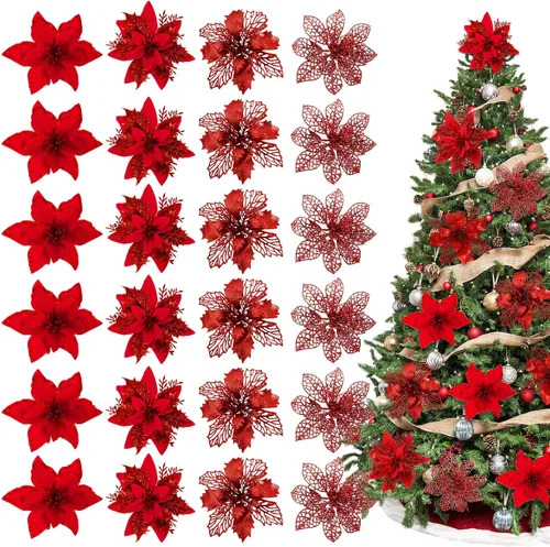 Vista 8 de Whaline 24 piezas de flores artificiales de Navidad con purpurina dorada con 24 clips para árbol de Navidad, adornos de flores para árbol