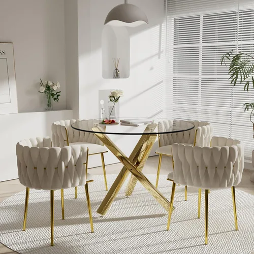 Vista 19 de Juego de mesa de comedor de cristal redondo dorado de 5 piezas, 39 pulgadas con tapa de cristal transparente para 4, mesa de cocina circular de lujo