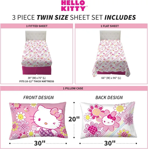 Vista 4 de Franco - Juego de sábanas de microfibra súper suave para niños, tamaño individual, Hello Kitty