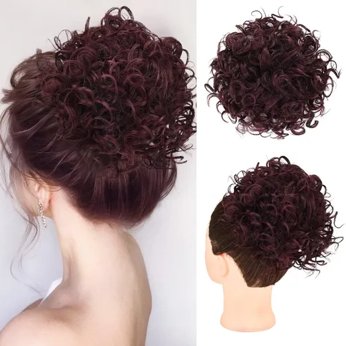Vista 8 de HOOJIH Moño de pelo rizado, moño desordenado, pieza de pelo elástico con cordón grande, extensión completa, extensión corta de cola de caballo