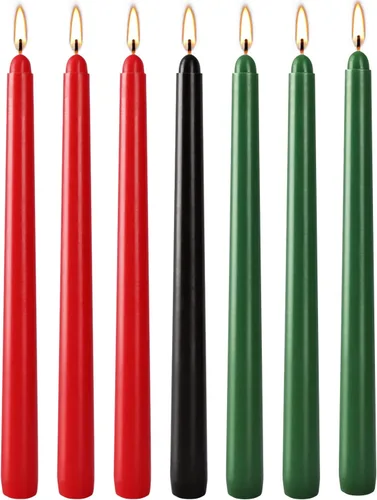 Vista 2 de 7 velas Kwanzaa color verde, rojo y negro, velas cónicas Kwanzaa, velas elegantes metálicas de Navidad para decoración de iglesia