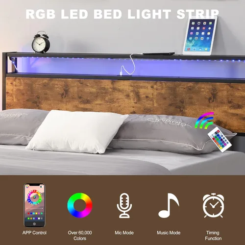 Vista 3 de Anwick Base de cama con luces LED, cabecera de almacenamiento de 2 niveles con estación de carga, marco de cama LED de plataforma de metal