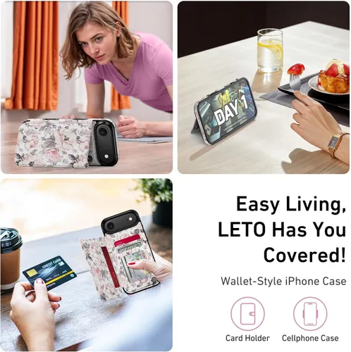 Vista 458 de LETO para iPhone 15 Pro Funda tipo cartera - Tapa tipo folio con patada - Diseños de moda - Tarjetero - Funda protectora para mujeres y niñas - 6.1