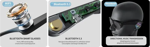 Vista 10 de Lentes de sol inteligentes con Bluetooth para hombres y mujeres, lentes de audio de oído abierto con llamadas manos libres y música, ligeras, 1.48
