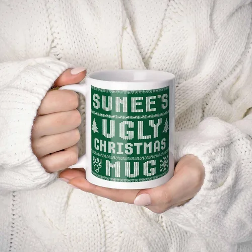 Vista 2 de Sunee Name Christmas Gift. Personalized Ugly Christmas Sweater Coffee Mug. Funny Custom Xmas Gift, Stocking Stuffer For Friends, Coworkers And