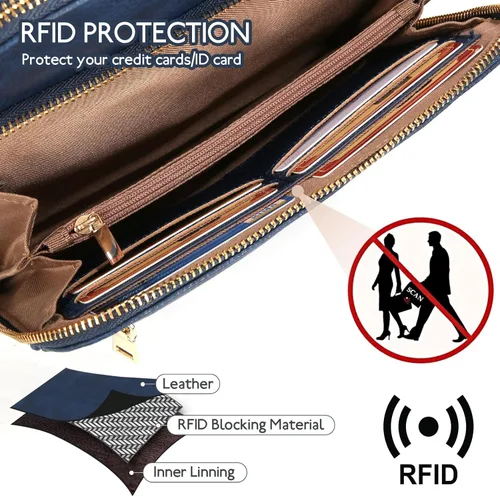 Vista 7 de Bolsos cruzados de cuero para mujer, monederos antirrobo con bloqueo RFID, bolsos de viaje de moda, correa ajustable, borla marrón