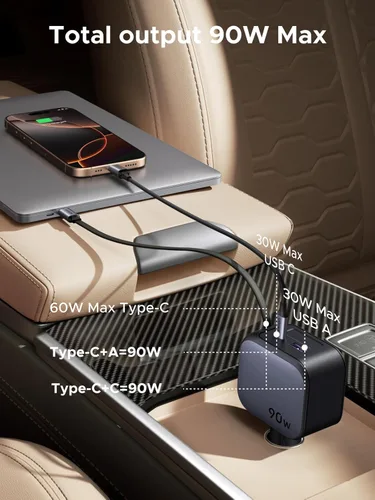 Vista 2 de UGREEN Cargador retráctil para automóvil de 90 W, cargador de teléfono USB C de 3 puertos de carga rápida con cable tipo C, adaptador de encendedor