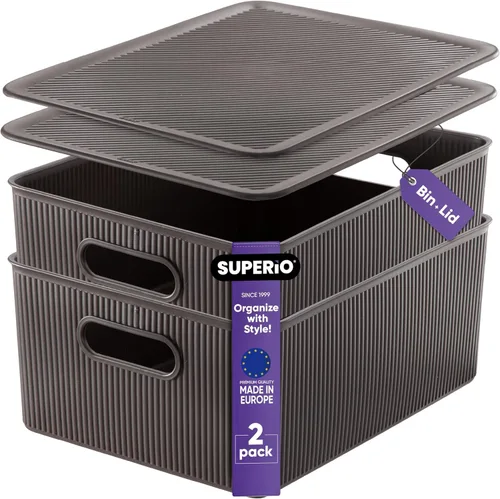 Vista 8 de Superio Ribbed Collection - Cesta decorativa de plástico con tapa para el hogar, color marrón medio (paquete de 1 unidad, 5 litros), caja apilable