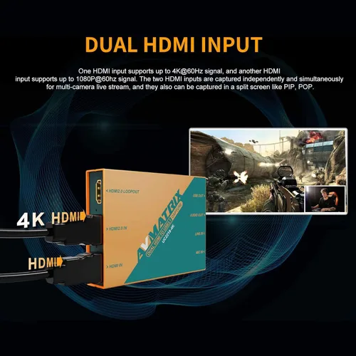 Vista 2 de AVMATRIX Tarjeta de captura de juegos UC2218-4K, paso 4K60, captura sin comprimir Plug and Play 1080p60 para transmisión en OBS, Vmix, latencia