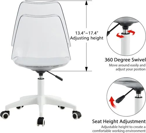 Vista 4 de Silla de escritorio de acrílico transparente, sillas fantasmas modernas con ruedas, bonita silla de plástico con ruedas sin brazos con altura