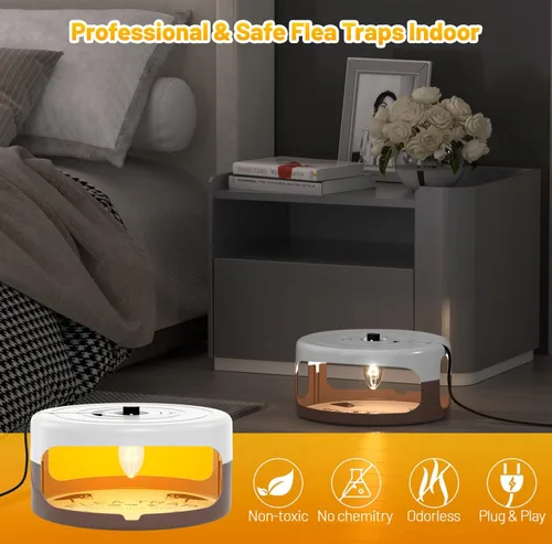 Vista 2 de Paquete de 2 trampas para pulgas para el interior de tu hogar, luz para pulgas de interior, mata chinches con 8 almohadillas adhesivas y 4