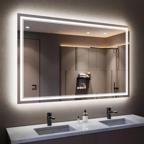 Vista 21 de Espejo de baño LED de 48 x 40 pulgadas con luces, retroiluminado y frontal iluminado para pared, espejo de tocador LED inastillable con memoria