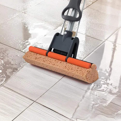 Vista 4 de Trapeadores de esponja para limpieza de pisos con 2 recargas de cabezal de mopa de celulosa y mango largo de 55”, trapeador de rodillo resistente