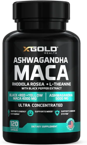 Ashwagandha 5,000 mg + raíz de maca negra, roja, amarilla 4,000 mg, rodiola y L-teanina: extracto 30:1 cápsulas de Ashwagandha, extracto 20:1