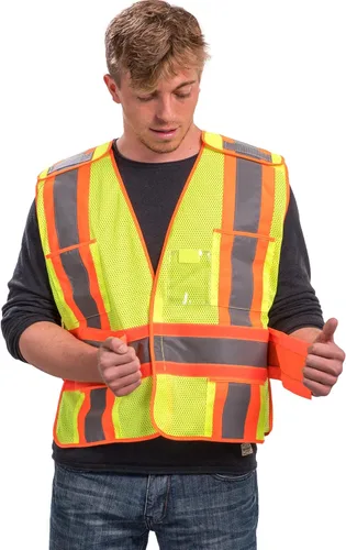 Vista 8 de Chaleco de seguridad de alta visibilidad, chaleco de seguridad ANSI Clase 2 con 5 bolsillos, amarillo con cierre de ajustable, malla transpirable