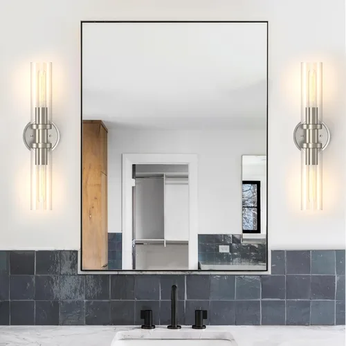 Vista 9 de Espird Lámparas de baño de níquel cepillado de 2 luces, luces de tocador de baño sobre espejo, apliques de pared, iluminación industrial, accesorios