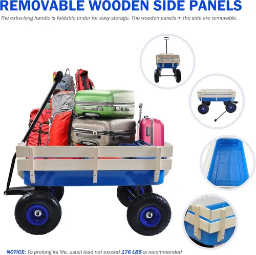 Vista 4 de Carro de carga de acero resistente con soporte lateral de madera con neumáticos todo terreno de 10", capacidad de arrastre de hasta 176lb, carro