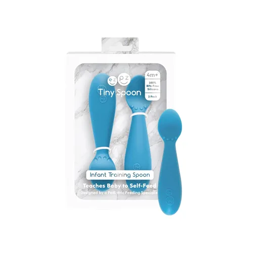 ezpz Mini Utensilios - más de 12 meses (Tenedor y cuchara en azul) - Tenedor y cuchara 100% libres de BPA - Utensilios para niños pequeños -