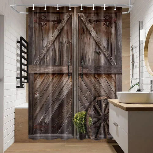 Vista 30 de Cortina de ducha de puerta de granero rústica de tamaño pequeño para baño, juegos de cortinas de decoración de baño de tablones de madera retro