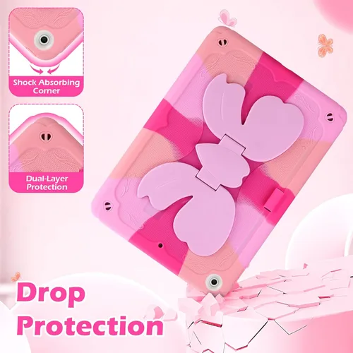 Vista 8 de VOFUOE Funda para iPad de 9ª/8ª/7ª generación para niños y niñas, con soporte de lazo dulce, correa para el hombro, soporte para lápices, funda