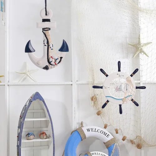Vista 7 de GengGeng Paquete de 2 volantes de madera para decoración de playa de 13 pulgadas y anclaje de madera, anclaje de barco náutico, timón para colgar