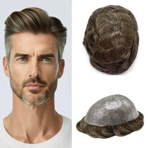Vista 77 de Men's 8X10 All Poly Toupee Real Human Hair Replacement System, 0.1mm Thin Skin PU Injected Hairpiece, Scallop PU Front Natural Hairline #1 Jet