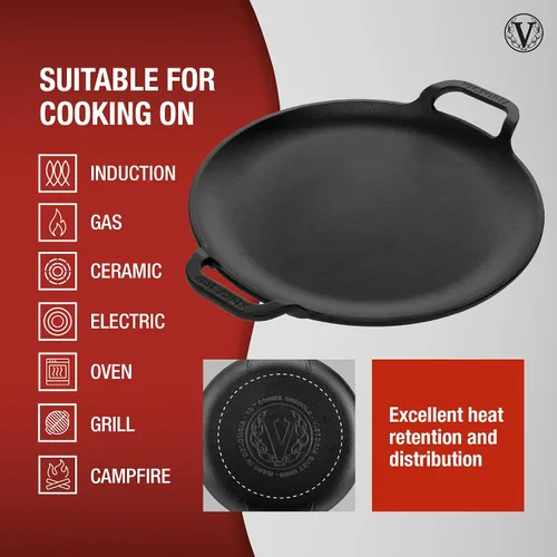Vista 6 de Victoria Sartén para pizza Comal de hierro fundido de 10 pulgadas con 2 asas laterales, presazonada con aceite de linaza, fabricada en Colombia