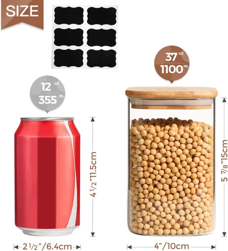 Vista 7 de ComSaf Juego de 10 tarros de vidrio para almacenamiento de alimentos (20 onzas, 37 onzas), recipientes de almacenamiento transparentes con tapa
