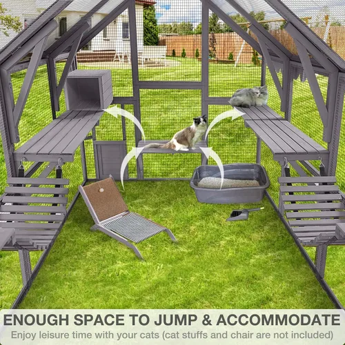 Vista 4 de Gran recinto para gatos Catio al aire libre, resistente a la intemperie, con techo impermeable, múltiples plataformas, hamaca para cueva de gato