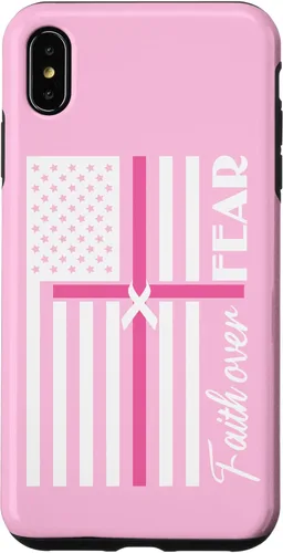 Vista 7 de Funda para iPhone 15 Faith Over Fear Breast Cancer Awareness Pink Ribbon USA Flag