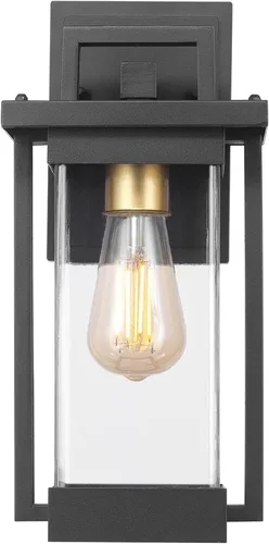 Vista 4 de Globe Electric 60000028 Aplique de pared para exteriores de 1 luz, negro mate, acento de latón, pantalla de vidrio transparente con semillas