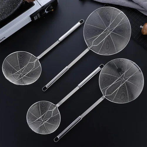 Vista 6 de Espumador de araña de acero inoxidable, juego de 2 cucharas coladoras de pasta de cocina profesional con mango largo