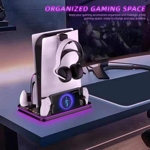 Vista 6 de Cargador PlayStation Portal, Soporte PS5 y Estación de Refrigeración con Accesorios de Base de Carga de Controlador LED RGB, Controlador PS5 Edge