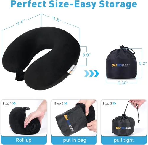 Vista 6 de SAIREIDER Almohadas de cuello para viaje, 100% espuma viscoelástica, almohadas de viaje ajustables con bolsa de almacenamiento, máscara de dormir